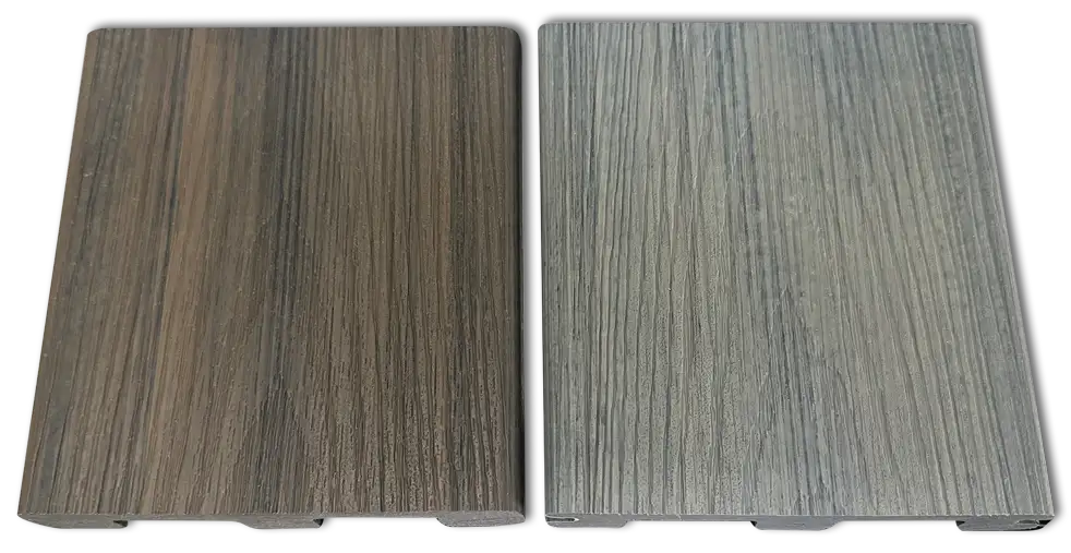 Composite Venture Decking samples in brown and grey