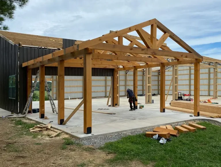 Timber Frame kit being installed on barn
